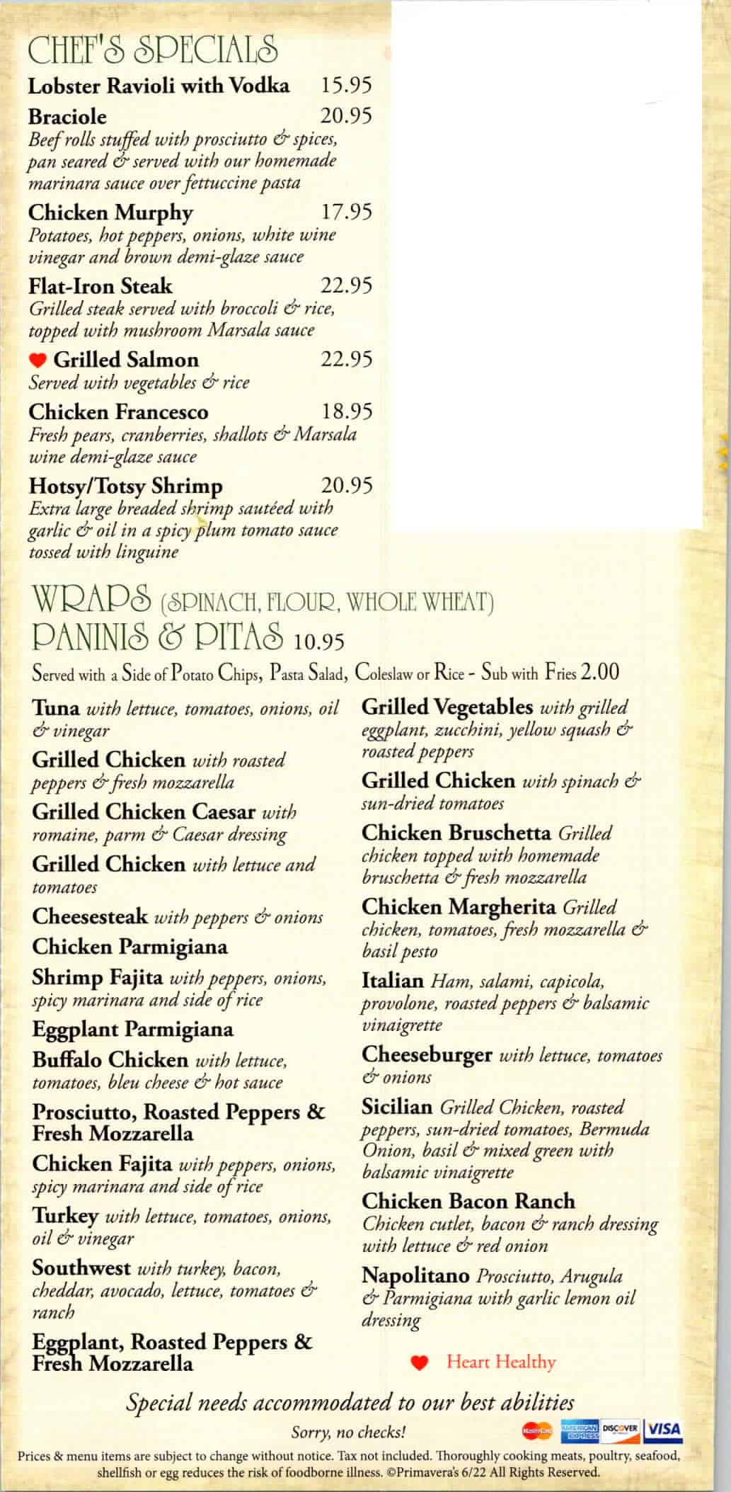 A menu for a restaurant with a lot of items on it.