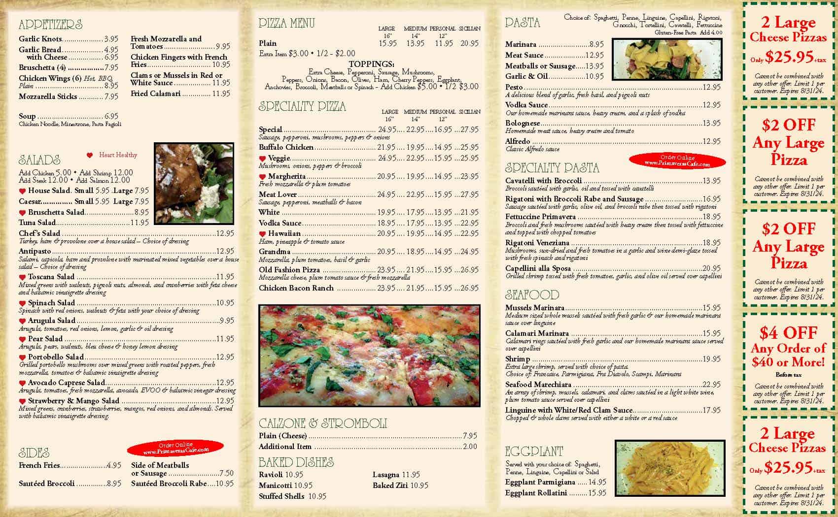 A menu for a restaurant with a lot of food on it.